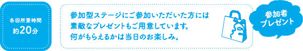 各回所要時間約20分　参加型ステージにご参加いただいた方には素敵なプレゼントもご用意しています。何がもらえるかは当日のお楽しみ。 参加者プレゼント