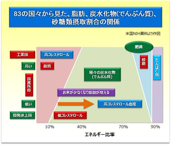 83の国々から見た、脂肪、炭水化物(でんぷん質)、砂糖類摂取割合の関係