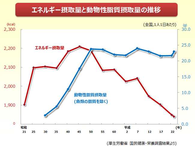 エネルギー摂取量と動物性脂質摂取量の推移