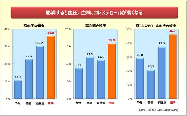 肥満すると血圧、血糖、コレステロールが高くなる